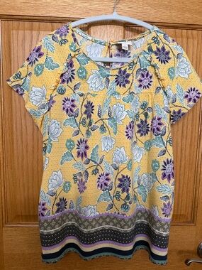 Chaps Yellow Floral Short-Sleeve Blouse with Purple & Green Accents